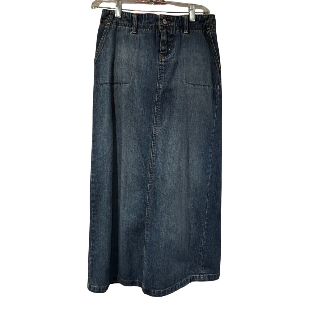 Old Navy denim blue jeans skirt size 1 maxi front patch pockets Boho festival